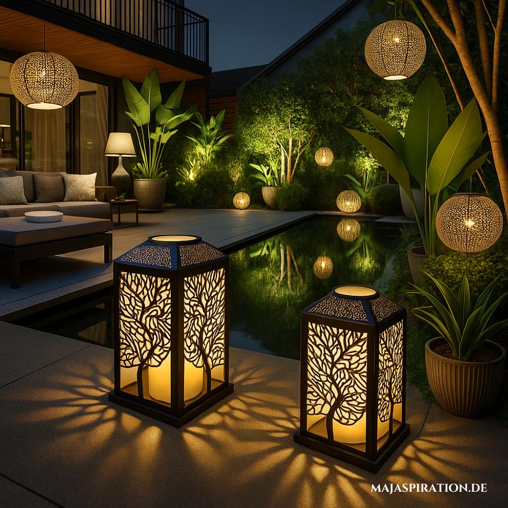 Beleuchtungsidee für den Garten mit Bodenlichtern mit Schattenspiel.
