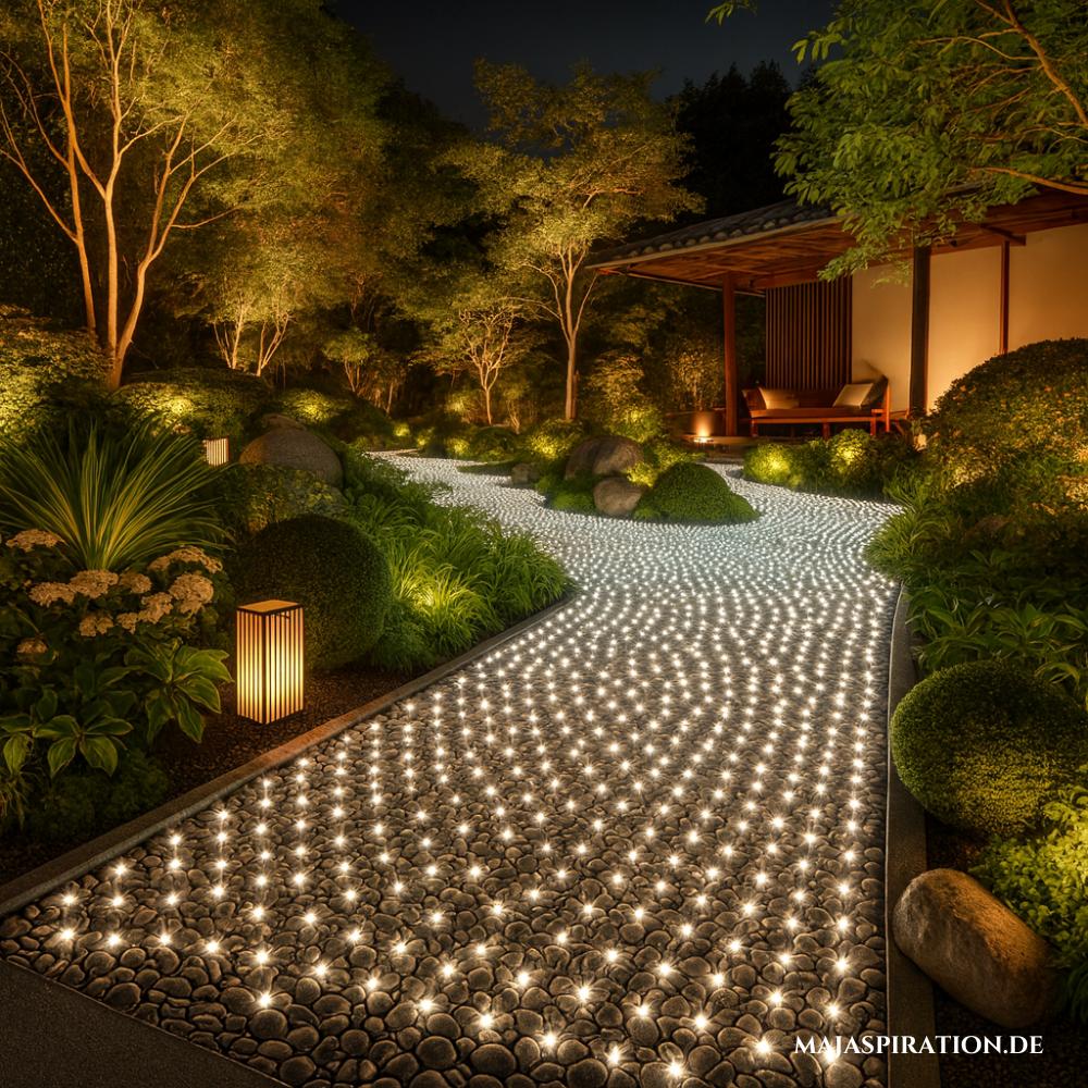 Leuchtender Kieselweg in asiatischem Garten