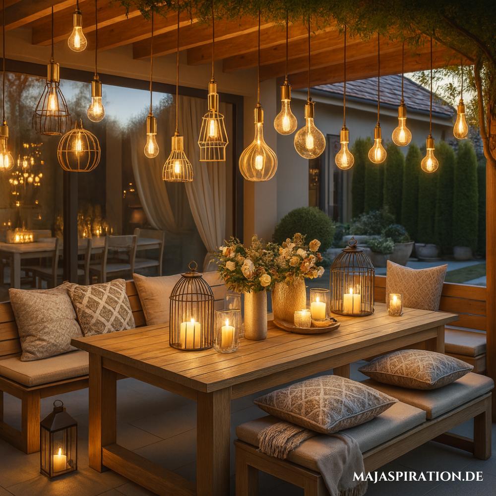 Lichterketten und Windlichter, die eine Veranda beleuchten