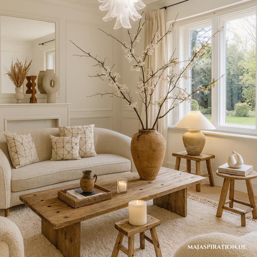 Skandi Wohnzimmer mit großer Terrakotta Vase auf Couchtisch