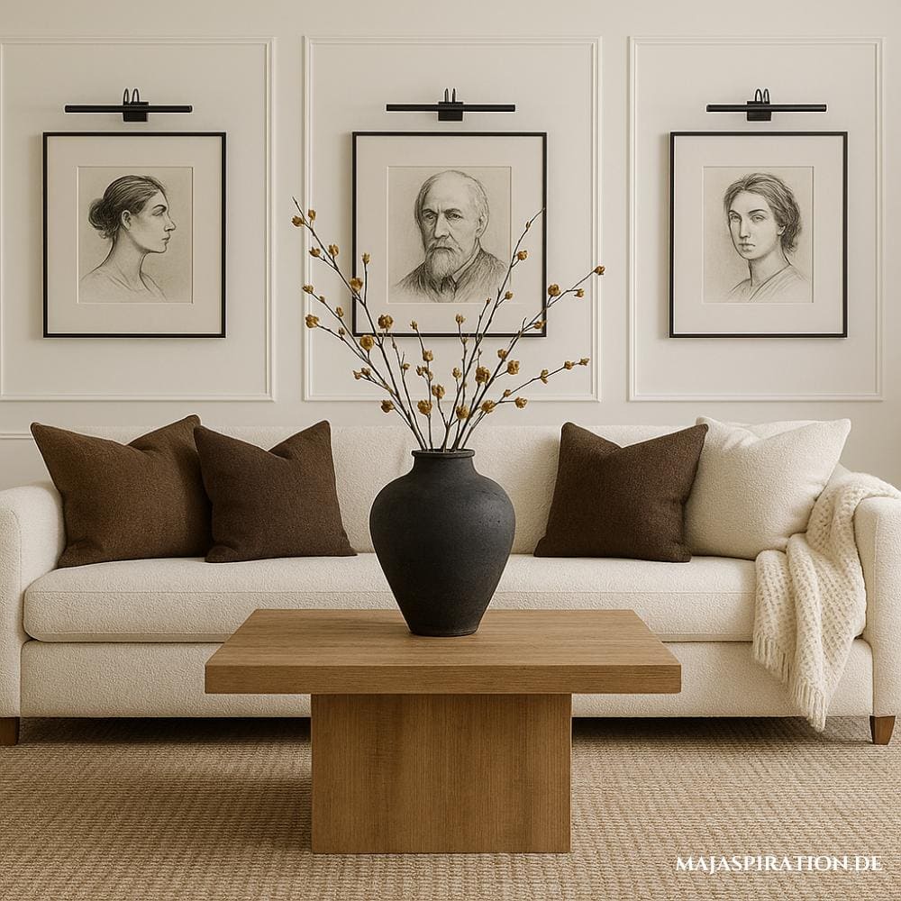 Stilvolles Wohnzimmer im Wabi Sabi Look mit beleuchteten Wandbildern