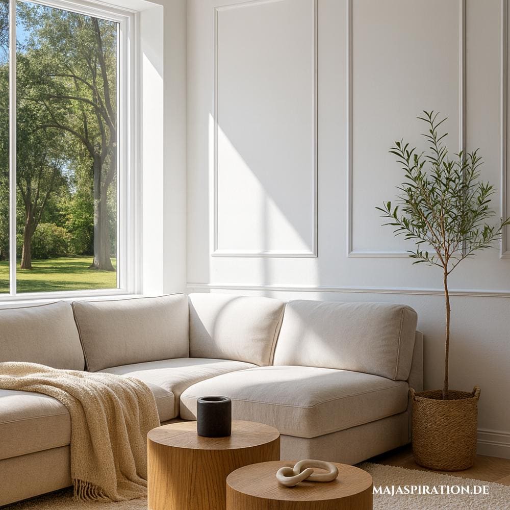 Paneelwand in minimalistischen Wohnzimmer miz großen Fenstern