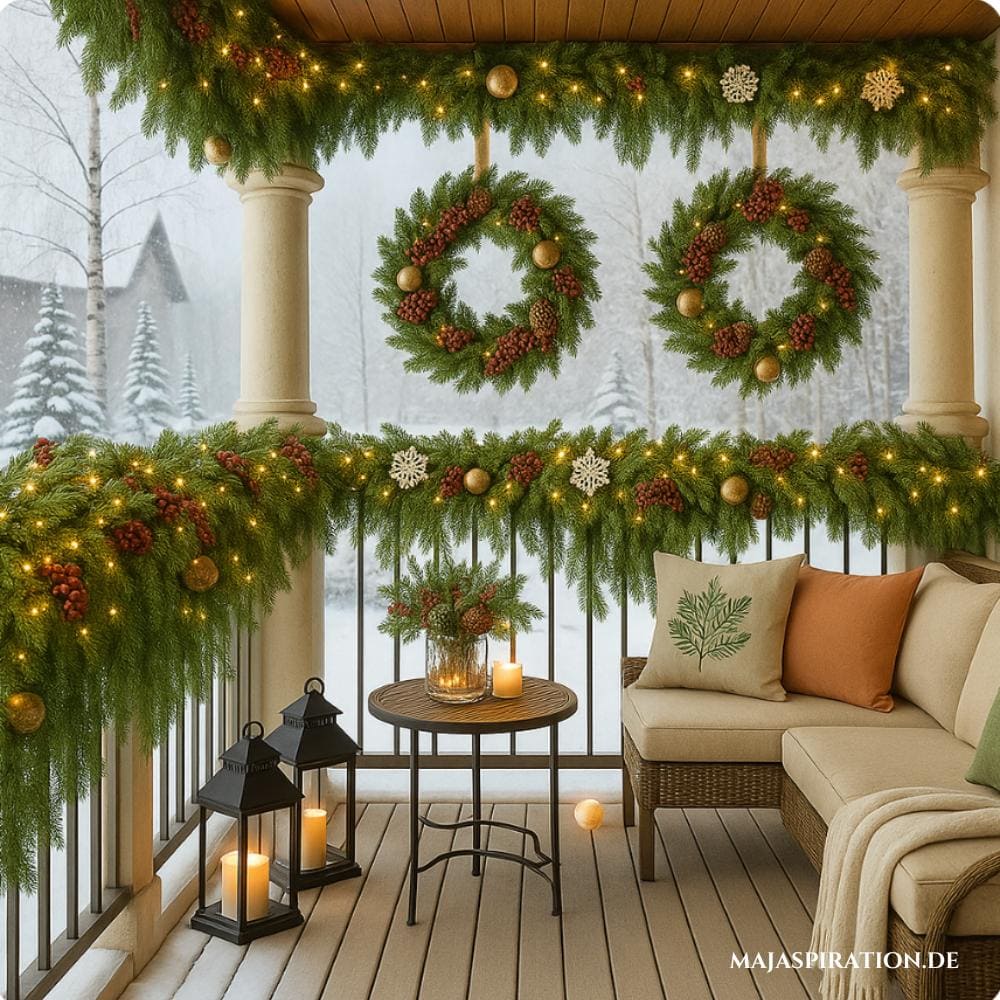 Weihnachtsdekoration mit Girlanden am Balkon