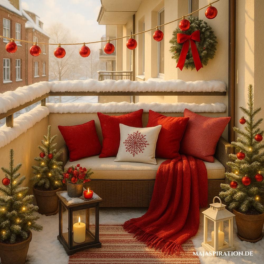 Farbenfrohe Weihnachtsdekoration für den Balkon