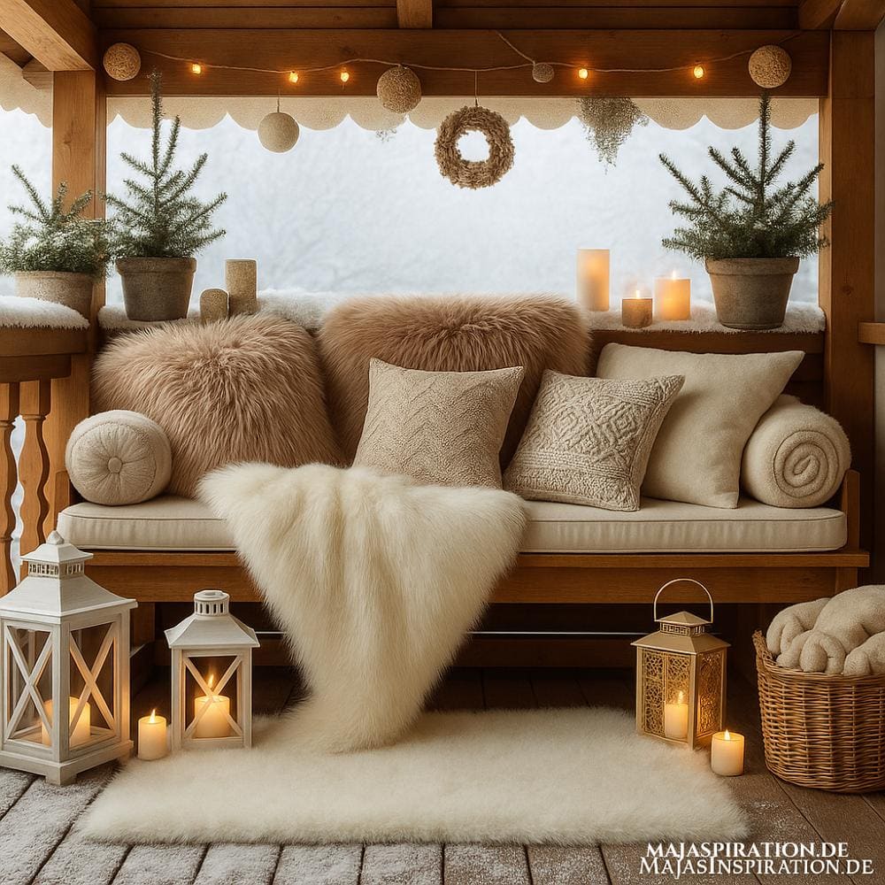 Kuscheliger Winterbalkon mit Fellen und Teppich