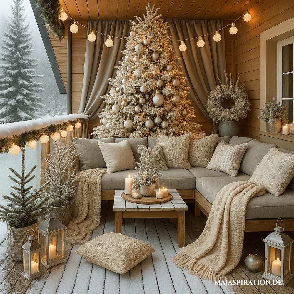 Weihnachtsbaum auf einem winterlich dekoriertem Balkon