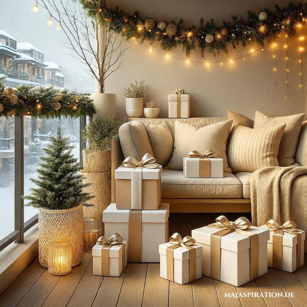 Geschenke als Weihnachtsdekorationen auf dem Balkon