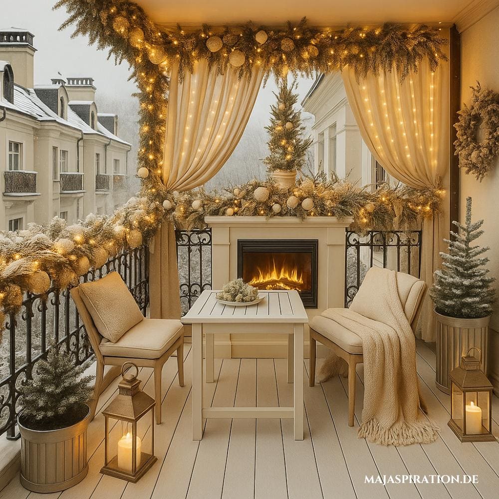 Weihnachtsdekoration für den Balkon mit Kamin