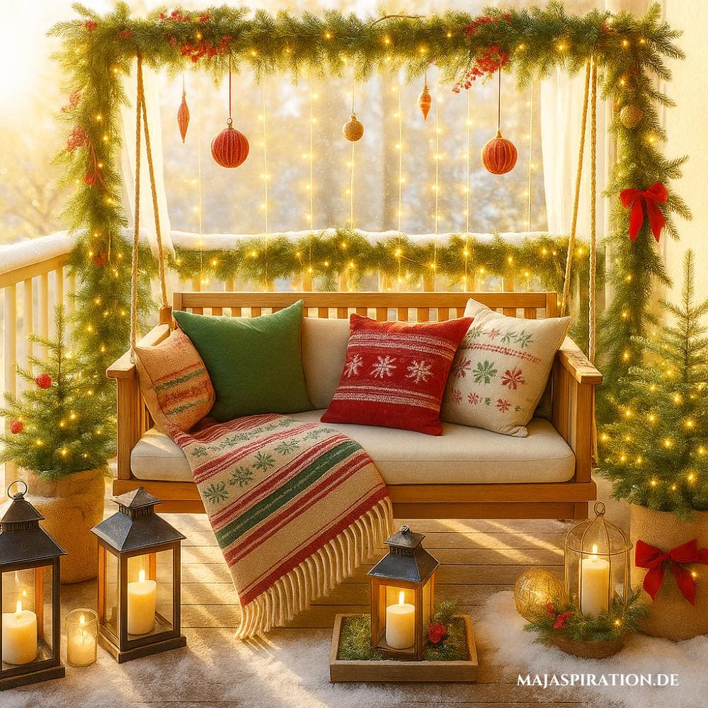 Weihnachtsdekoration für den Balkon mit Schaukel