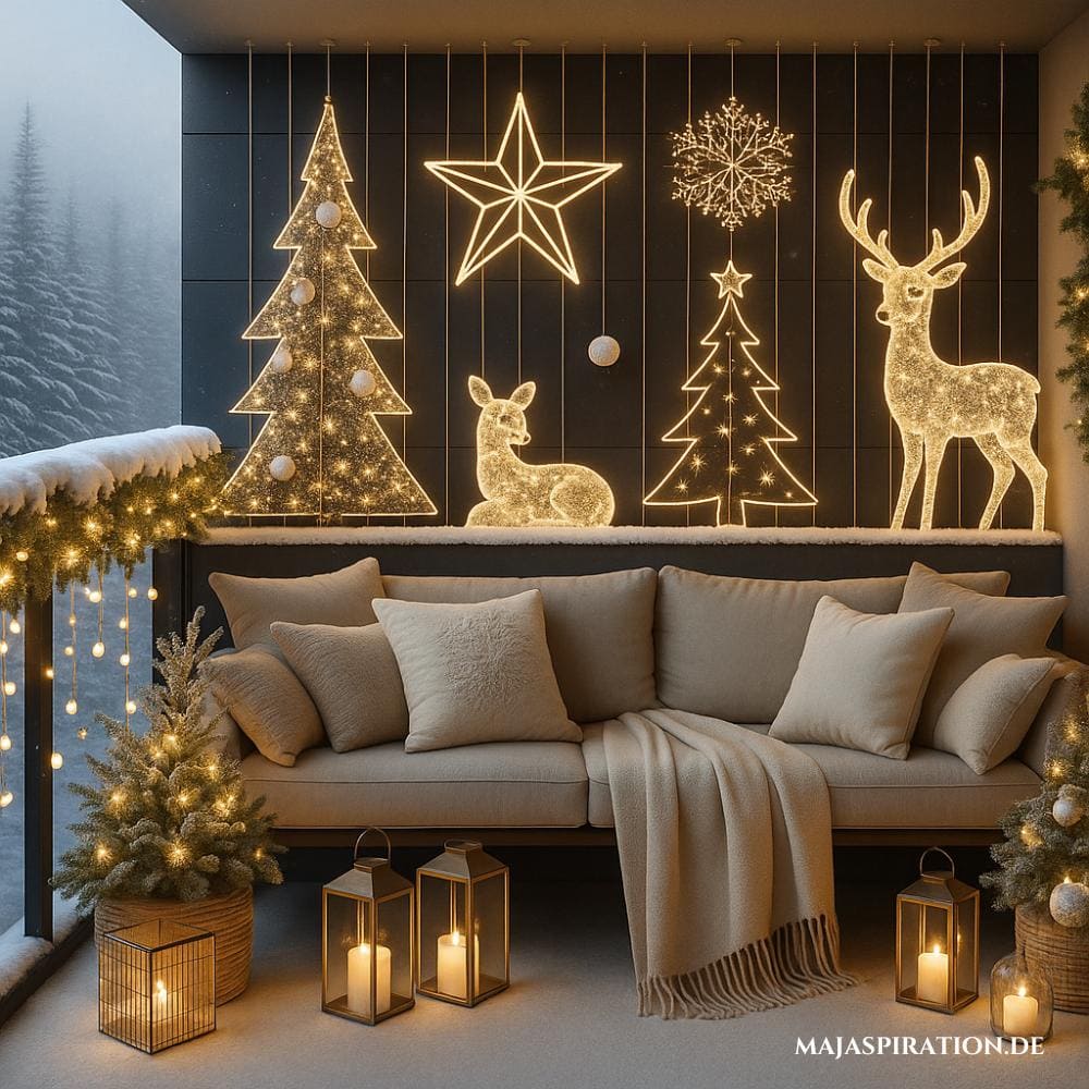 Weihnachtsdekorationen auf dem Balkon mit kreativen Figuren
