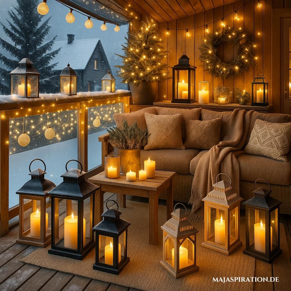 Weihnachtsdekoration auf dem Balkon mit Laternen und Kerzen