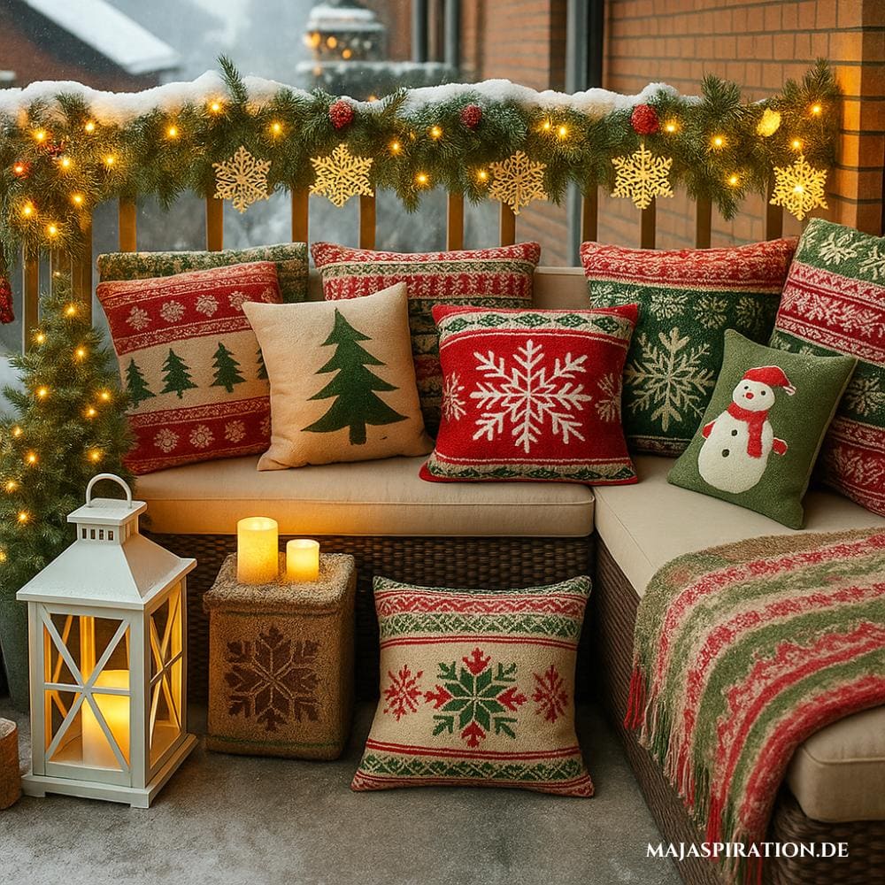 Weihnachtsdekoration auf dem Balkon mit bunten Kissen