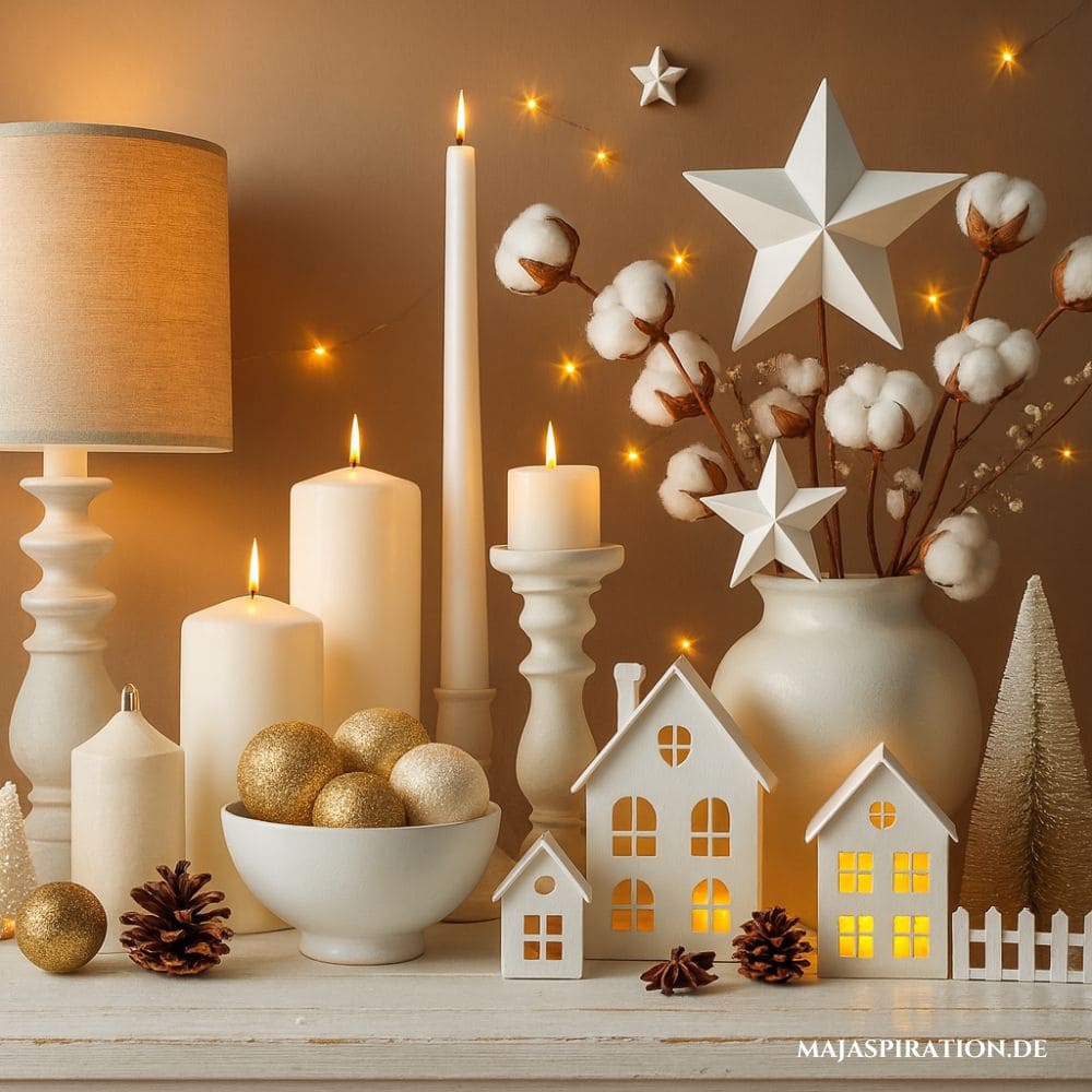 Weihnachtsdeko Idee in Weiß mit Miniatur Häusern und Sternen
