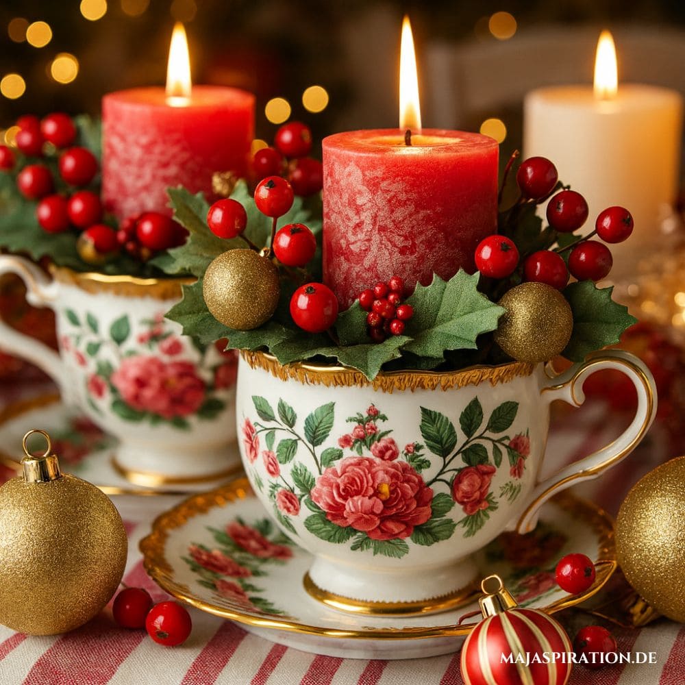 Weihnachtsdeko Idee mit Kerzen in Teetassen