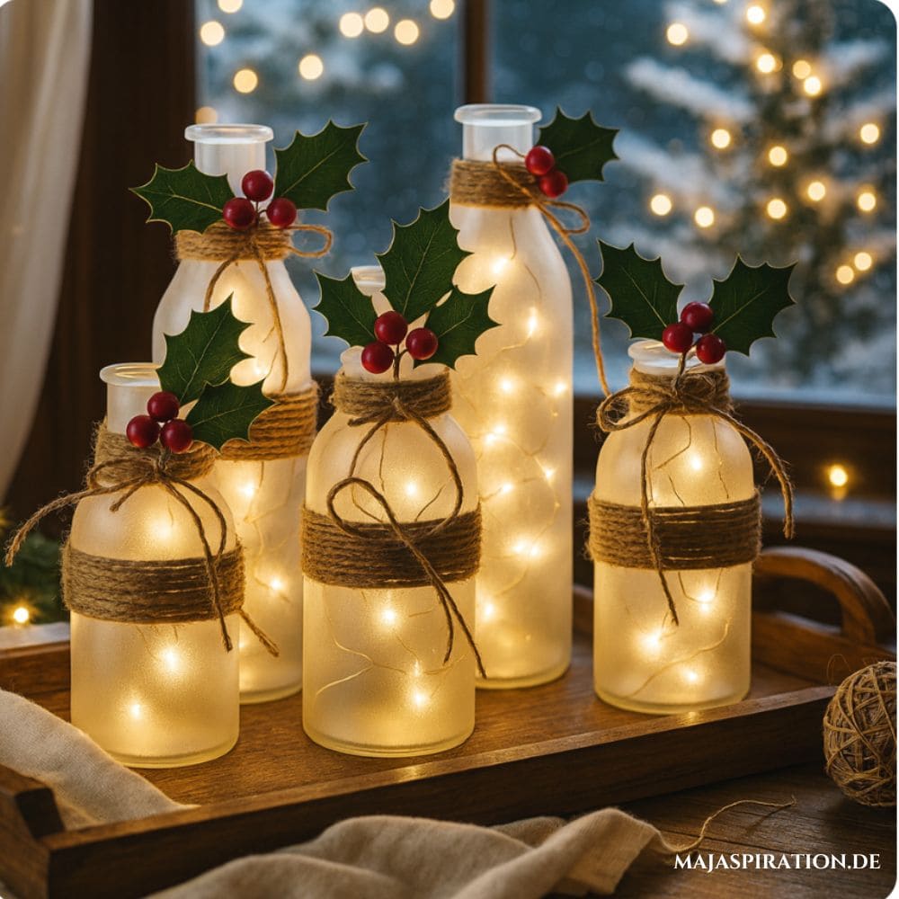 Weihnachtsdeko Idee mit gefrosteten Flaschen und Lichtern