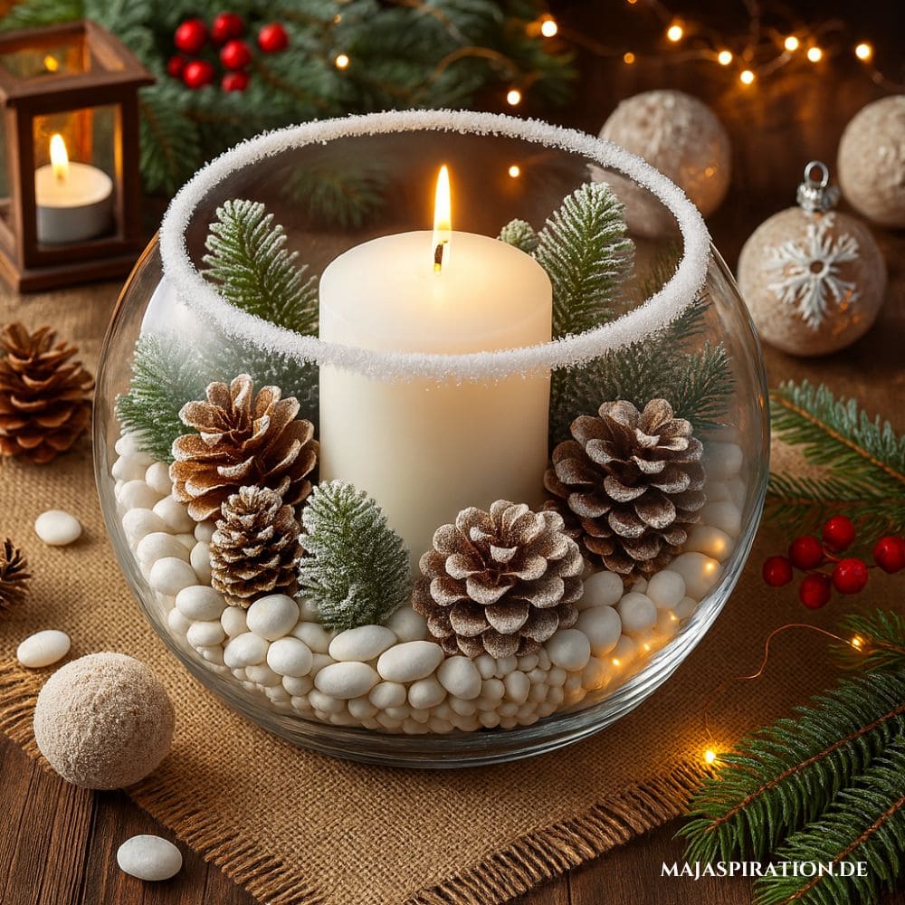 Weihnachtsdeko Idee mit Tannenzapfen und Kerze
