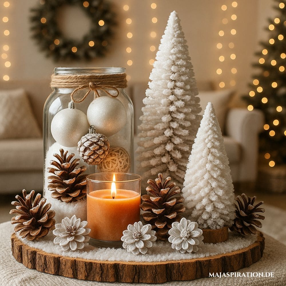 Weihnachtsdeko Idee mit Deko Tannenbäumen auf Holzbrett