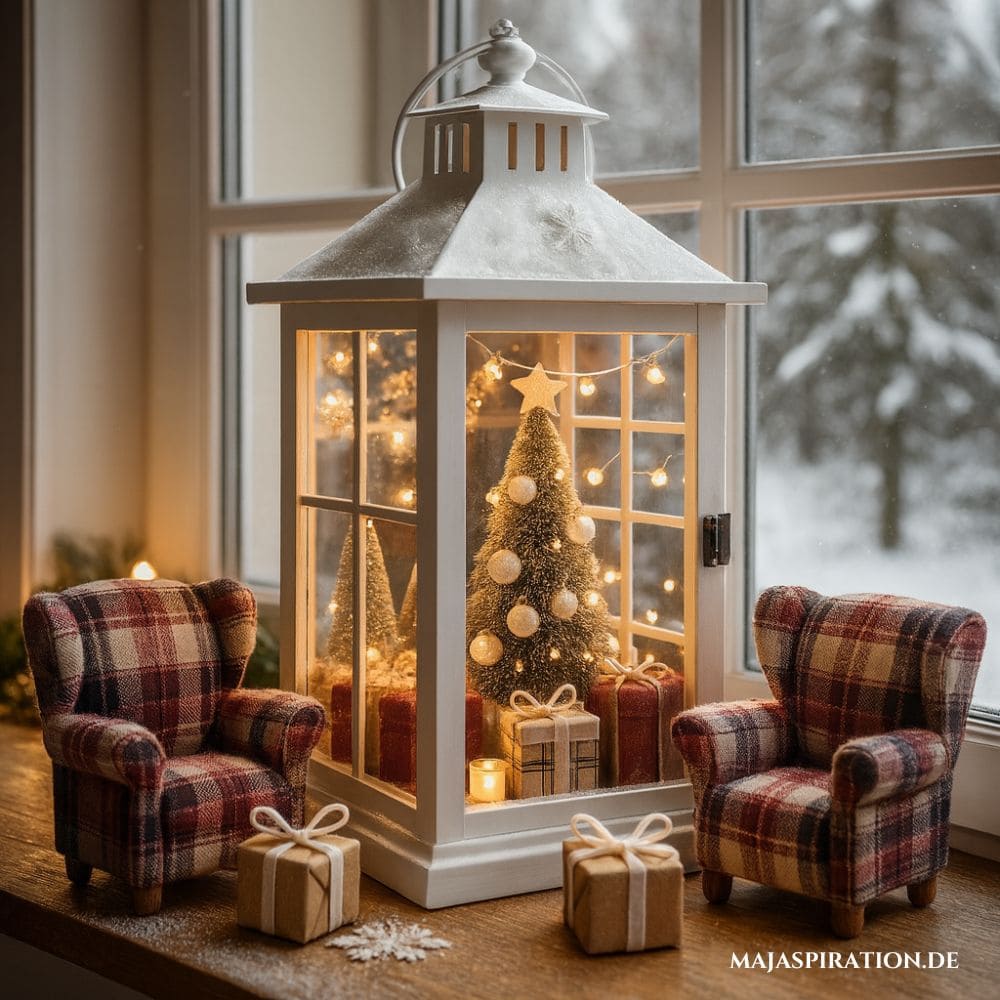 Weihnachtsdeko Idee mit kleiner Stube im Windlicht