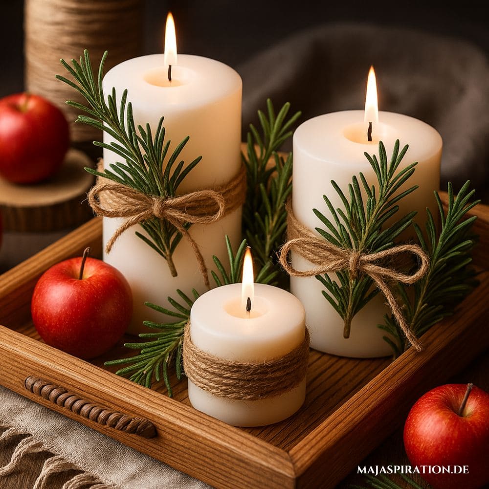 Weihnachtsdeko Idee mit Kerzen, Äpfeln und Tannenzweigen