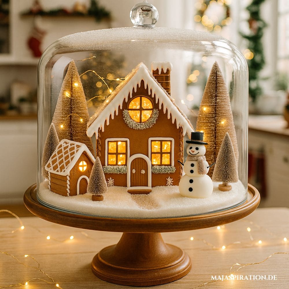 Weihnachtsdeko Idee mit Miniaturstadt in Tortenglocke