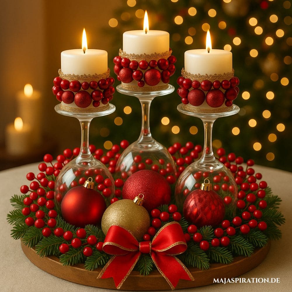 Weihnachtsdeko Idee mit Kerzen und Weingläsern und roten Weihnachtskugeln