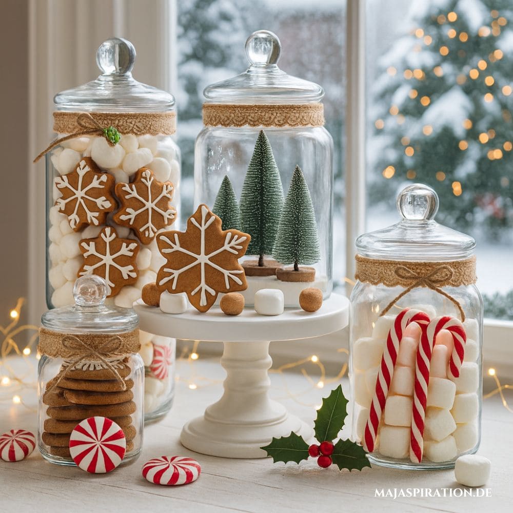 Weihnachtsdeko Idee mit Vorratsgläsern gefüllt mit Süßigkeiten