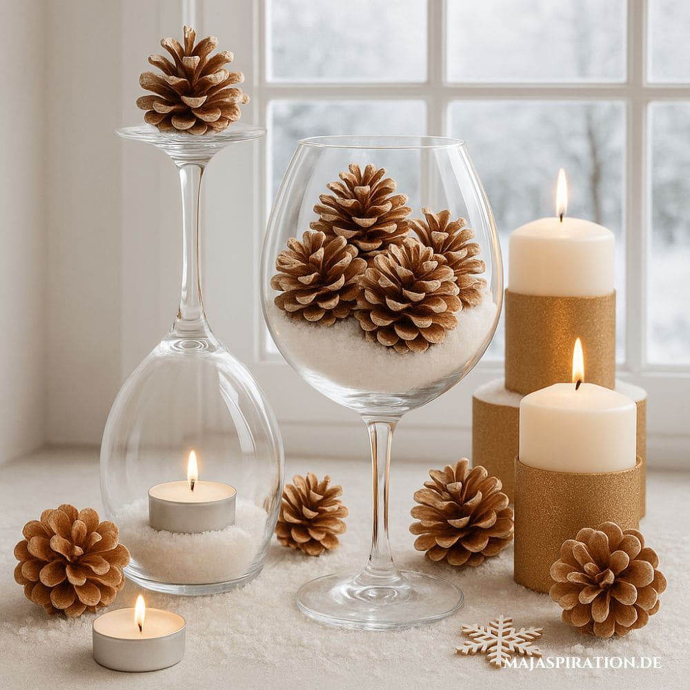 Weihnachtsdeko Idee mit Tannenzapfen und Weingläsern