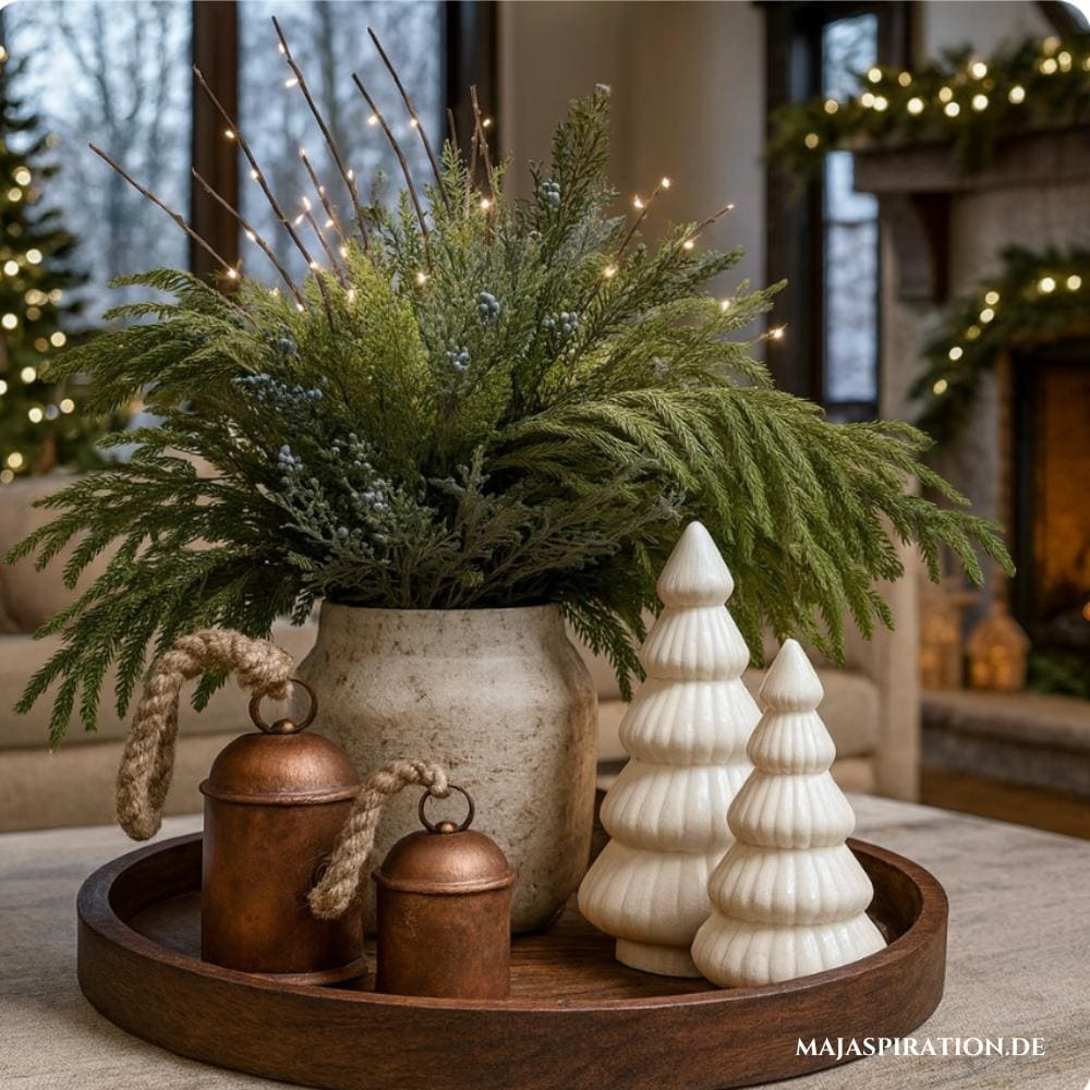 Weihnachten Deko Tablett mit Messingglocken und weißen Keramiktannen