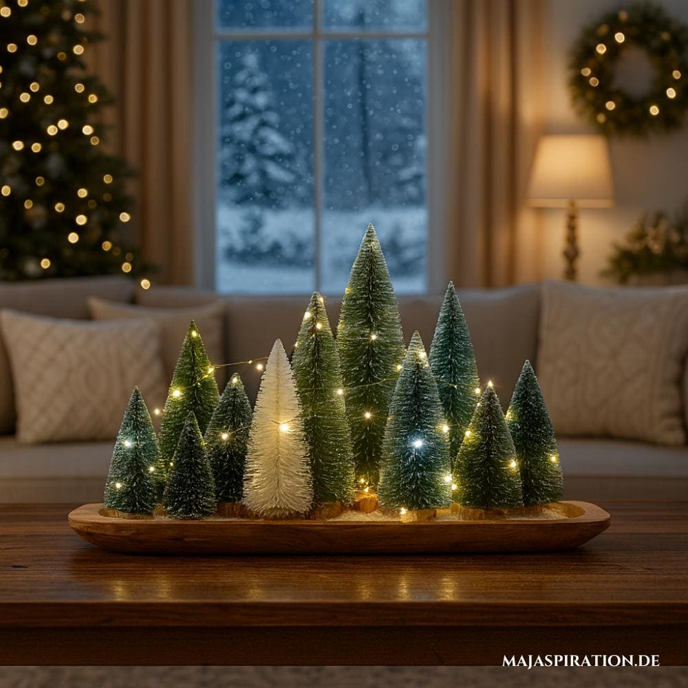 Weihnachtliches Deko-Tablett mit Mini-Tannen und Lichterkette