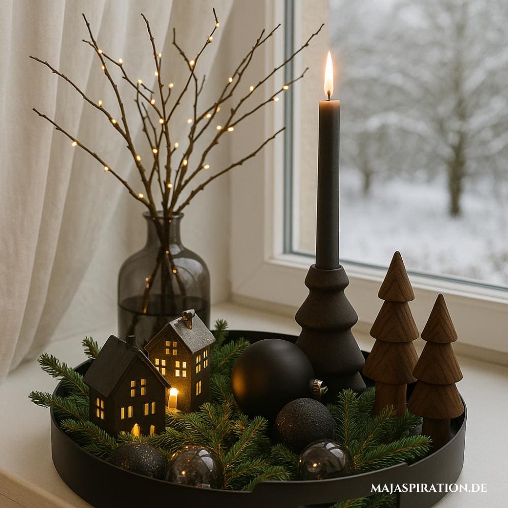 Elegante Weihnachtsdeko auf Deko-Tablett in Schwarz