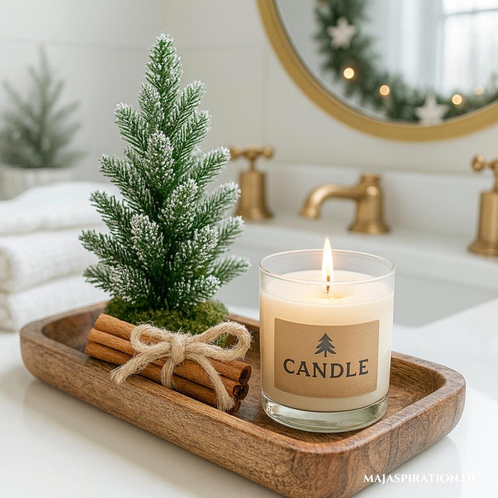 Süße Weihnachtsdeko Idee für das Badezimmer auf Holztablett mit Mini-Tanne und Kerze