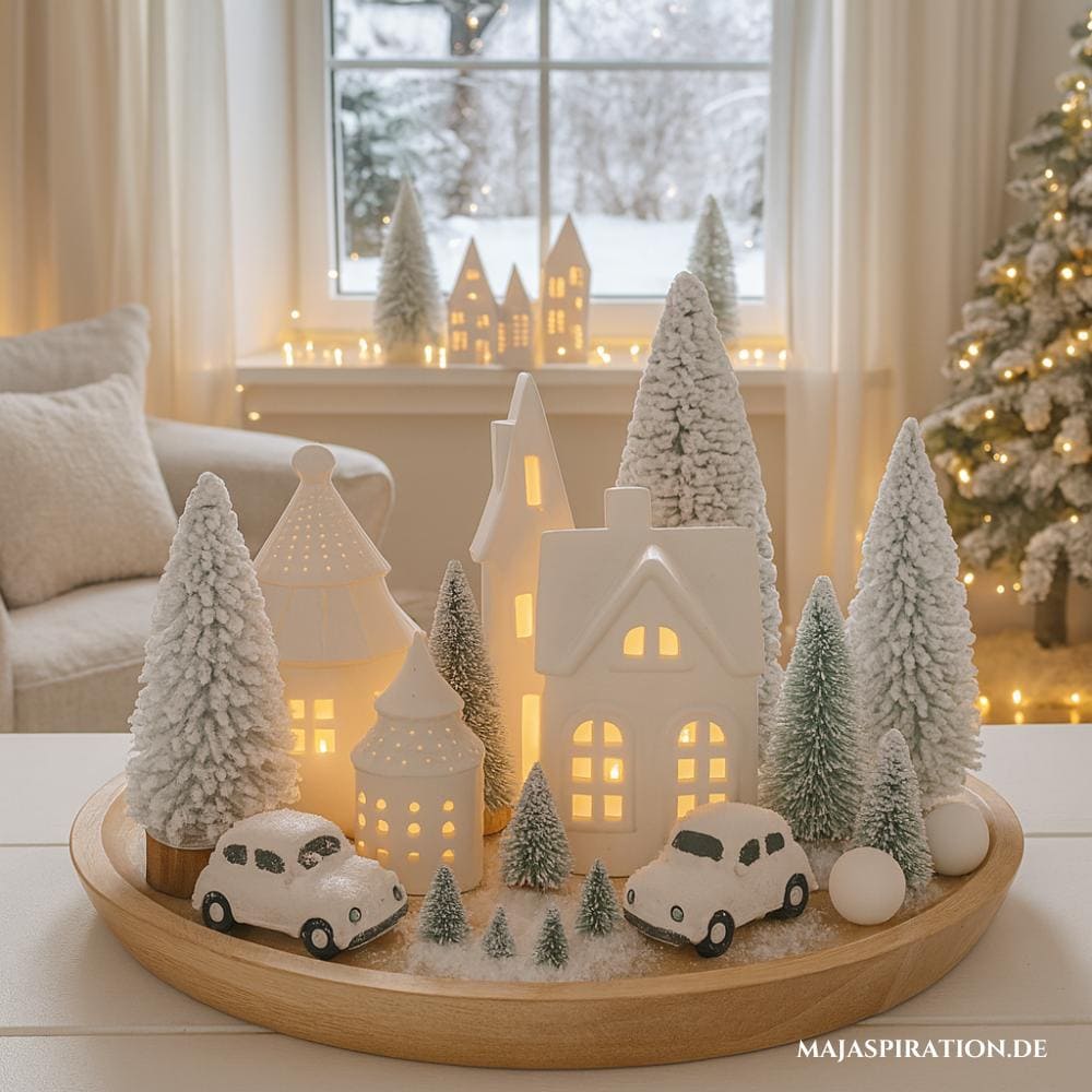 Weihnachtliches Deko Tablett aus Holz mit kleinen weißen Deko Häuschen, verschneiten Tannen und Mini-Autos