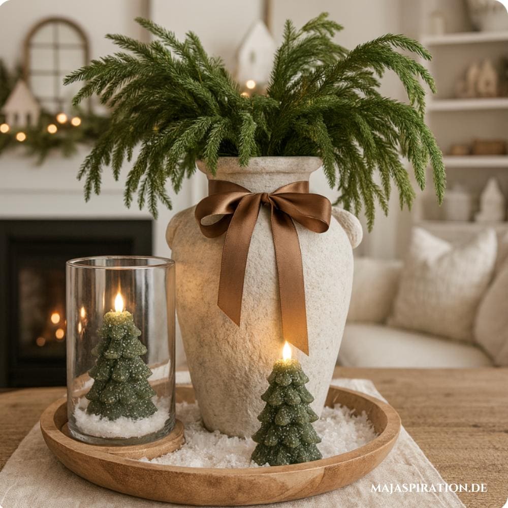 Stilvolle Deko für Weihnachten auf Tablett mit rustikaler Vase und Tannenbaum-Kerzen