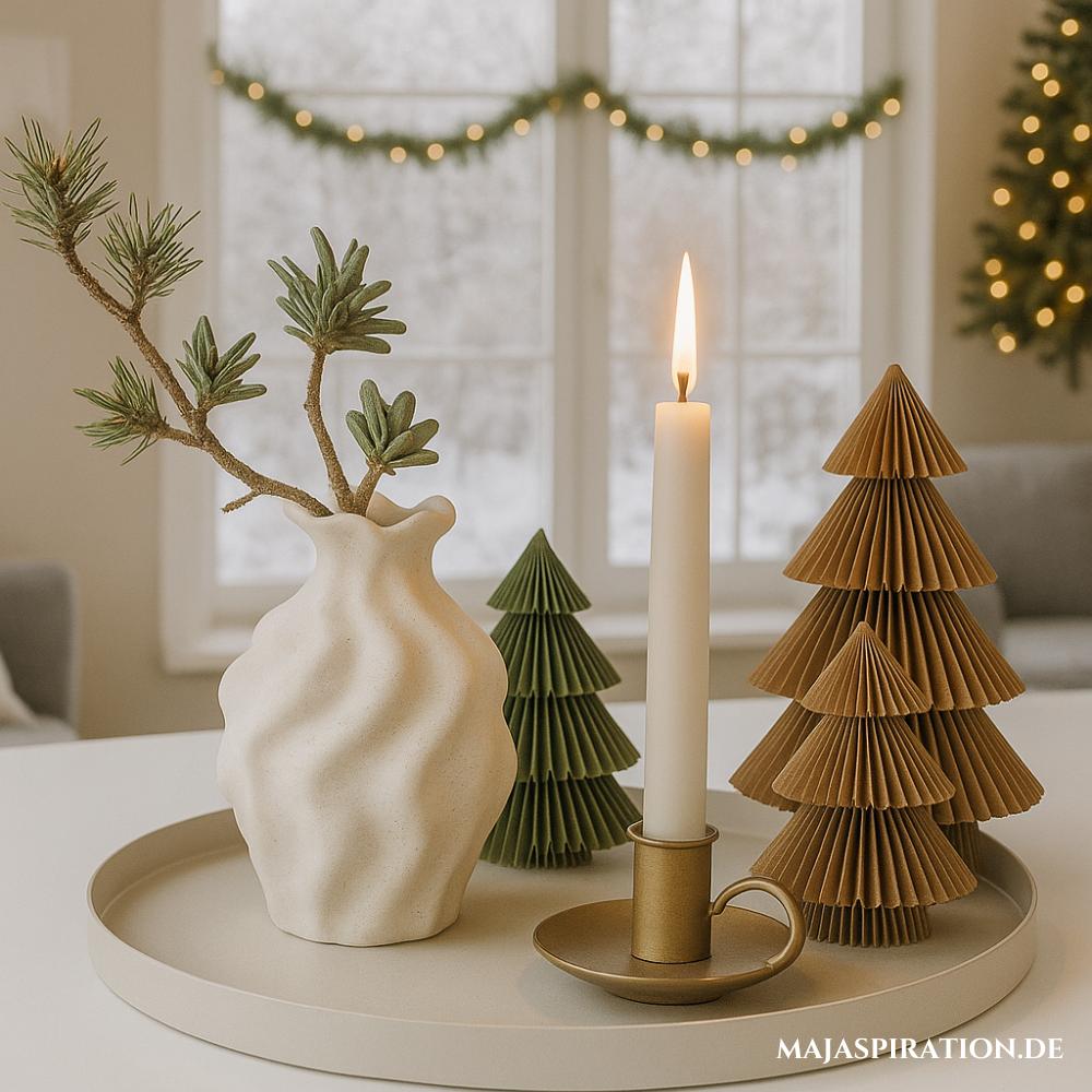 Minimalistische Weihnachtsdeko auf Tablett mit Steinvase und Papier-Tannen