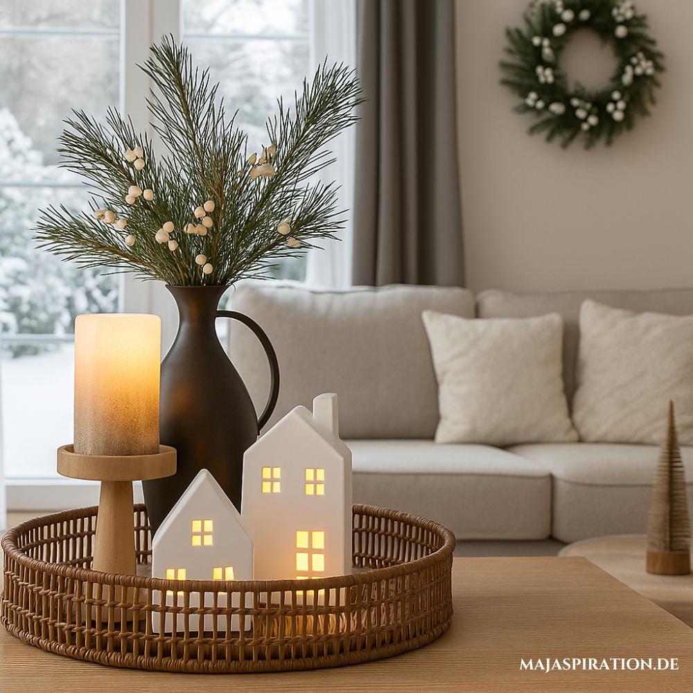 Einfache Weihnachtsdeko Idee auf Flechttablett mit Teelicht-Häuschen 