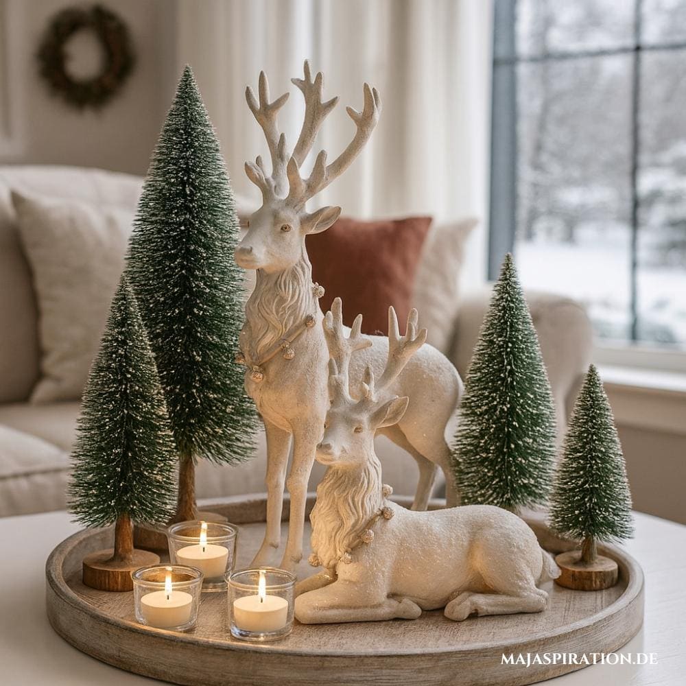 Weihnachtliches Deko Tablett mit Tannen, Hirschen und Teelichtern