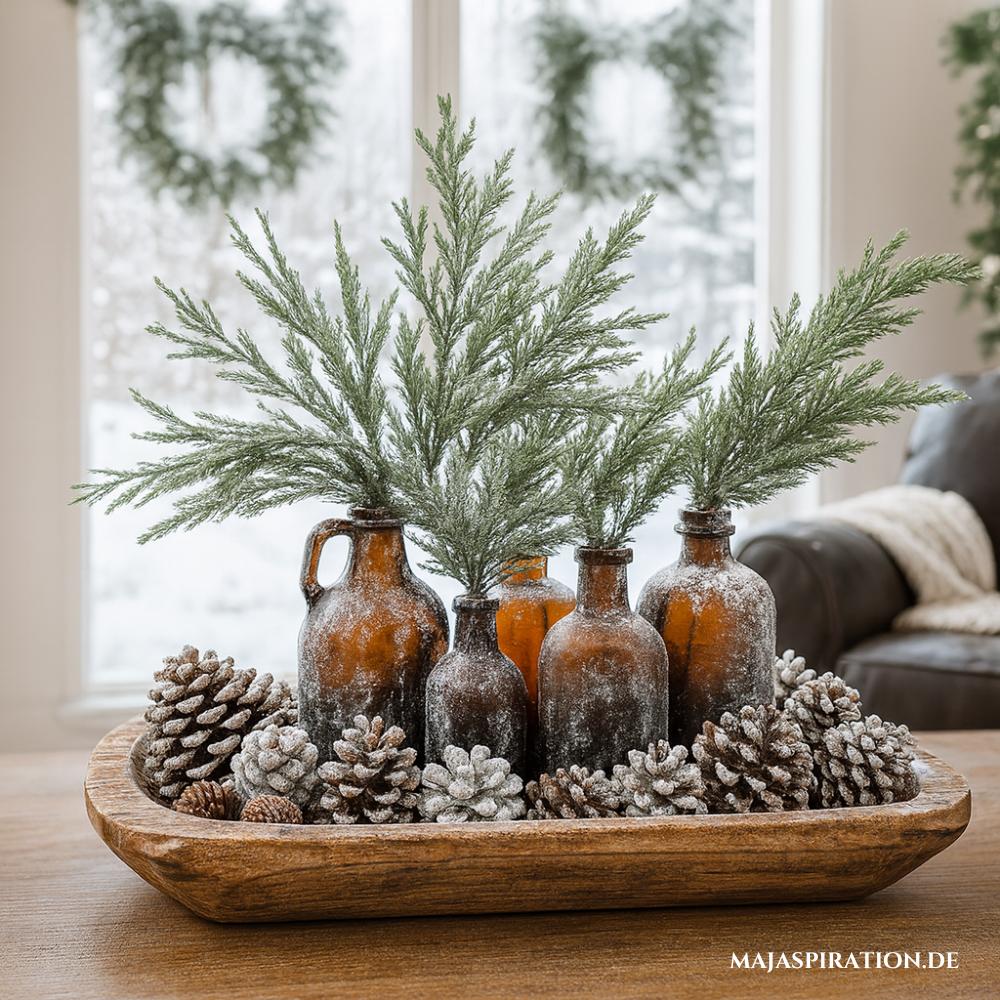 Rustikale Weihnachtsdeko auf Tablett mit braunen Flaschen und Zapfen im verschneiten Look