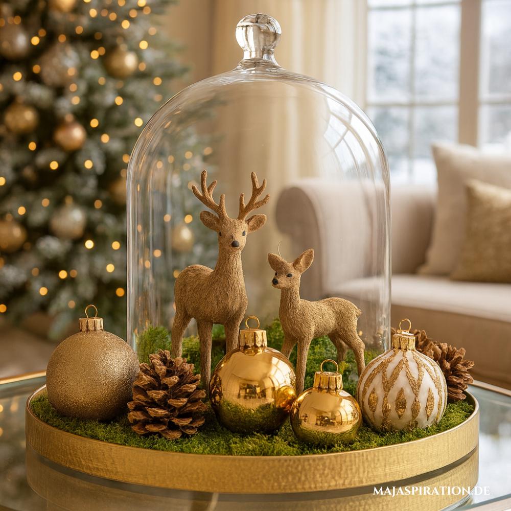 Süßes Deko Tablett für die Weihnachtszeit mit Glasglocke und Rehen