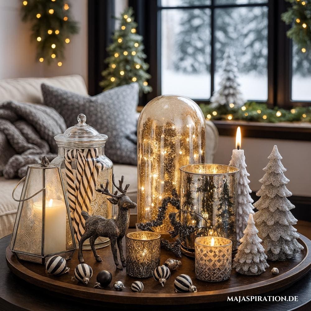 Stilvolles Deko-Tablett als Weihnachtsdeko in Weiß und Metallic-Tönen