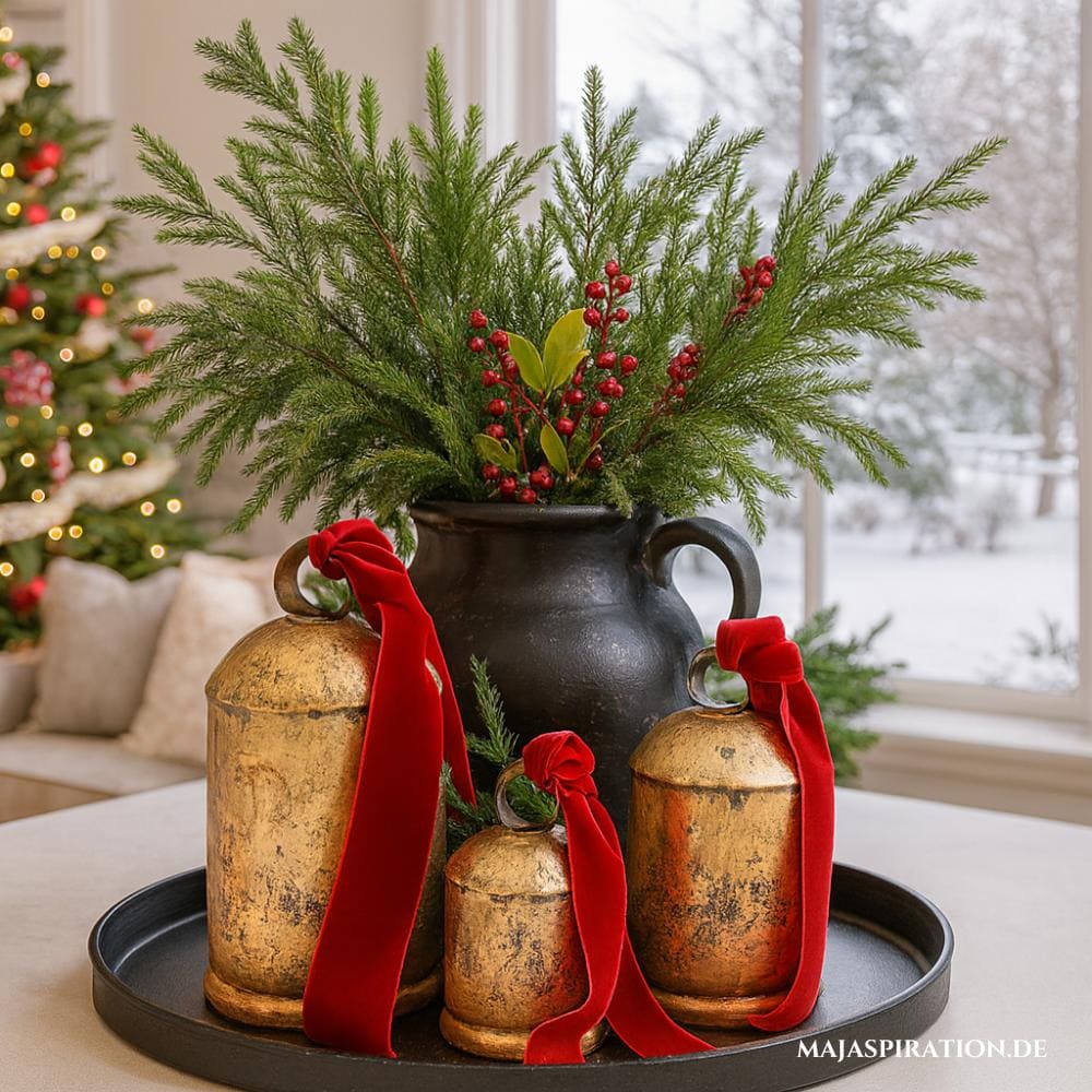 Auffällige Tischdeko Idee für Weihnachten auf Tablett mit großen Goldglocken