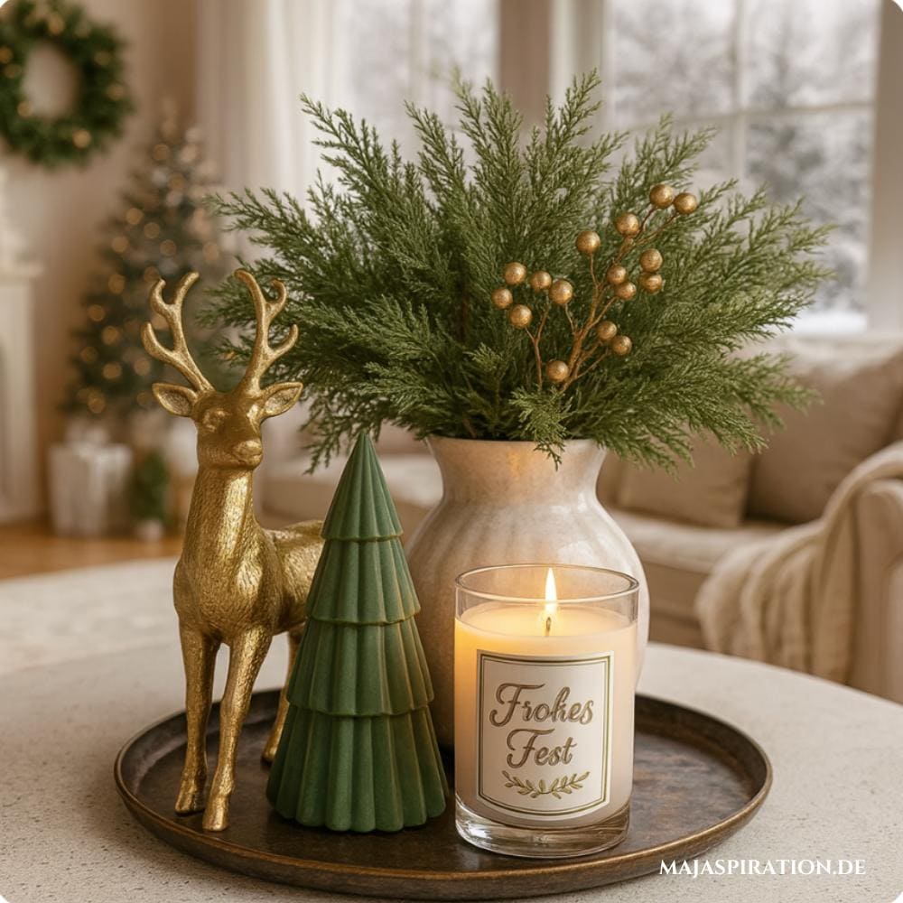 Dekotablett Weihnachten mit goldenem Hirsch, Tannenbaumkerze und Duftkerze