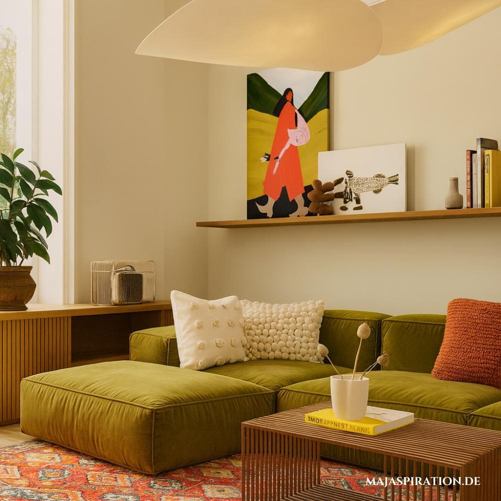Wohnzimmer mit moosgrüner Couch und Orangen Akzenten