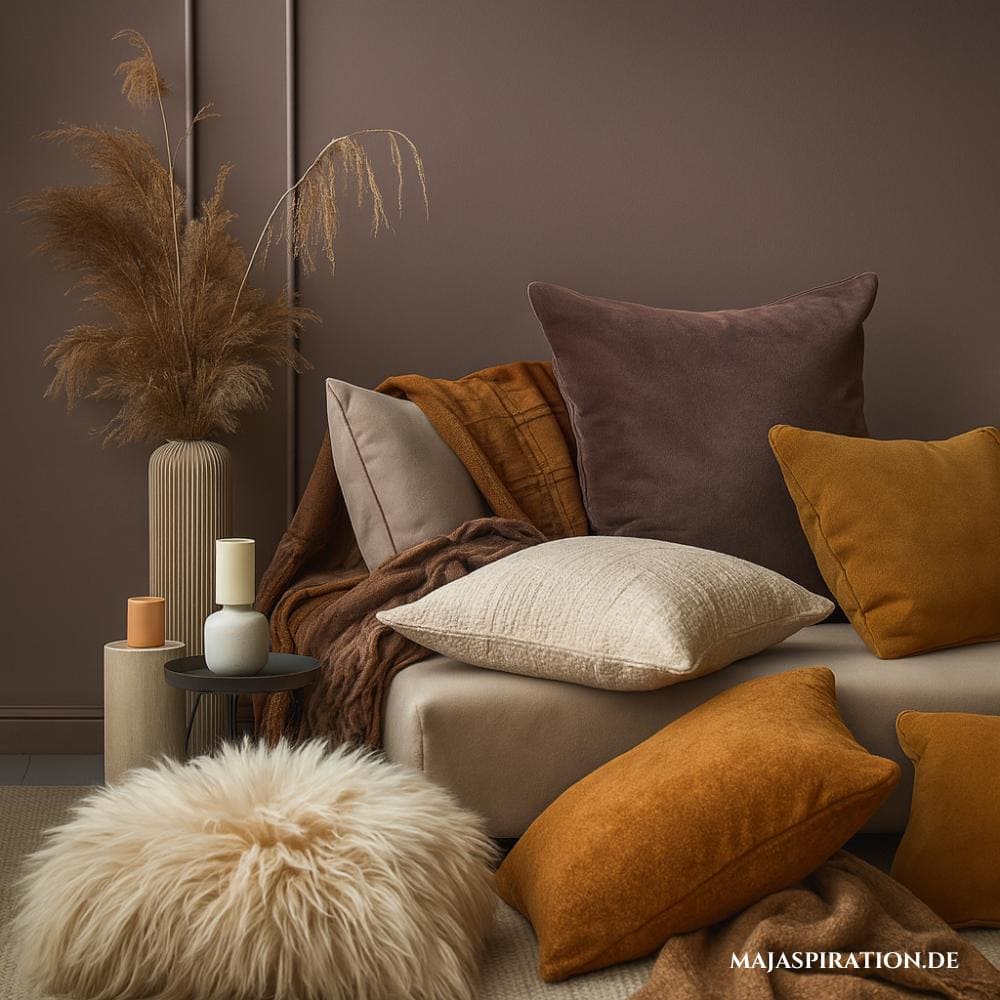 Material Mix Ideen für Wohnzimmer in Pflaume, Terrakotta und Beige