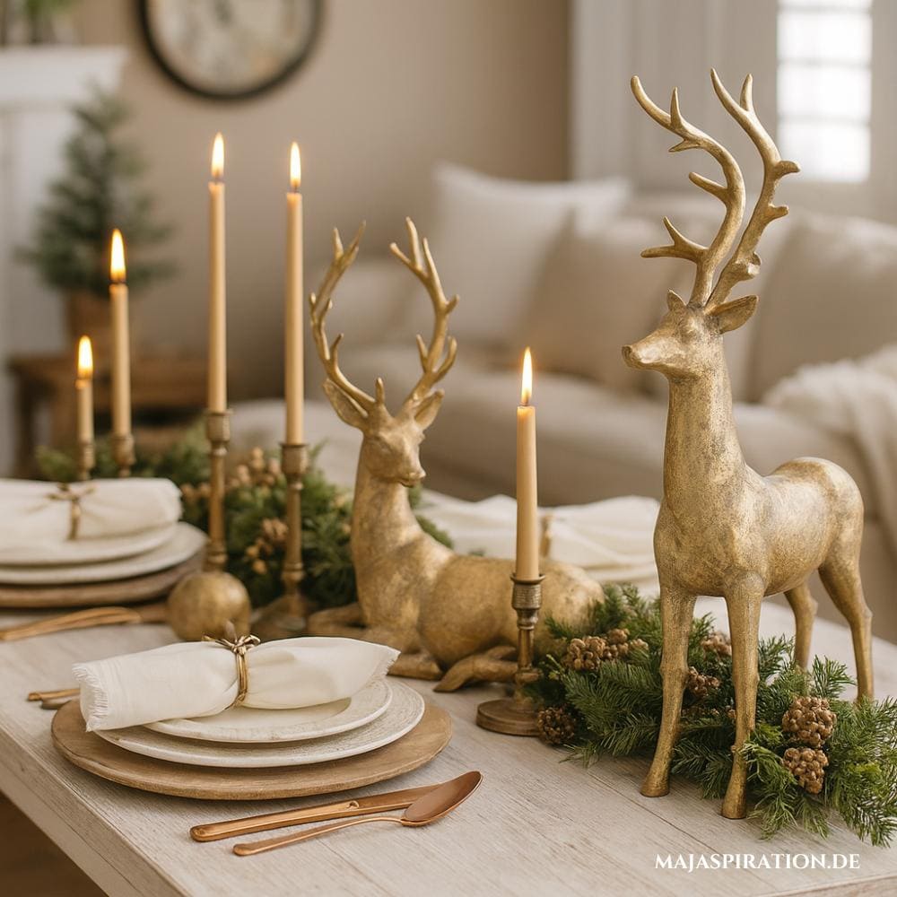 Schöne Tischdeko Weihnachten mit goldenen Hirschen