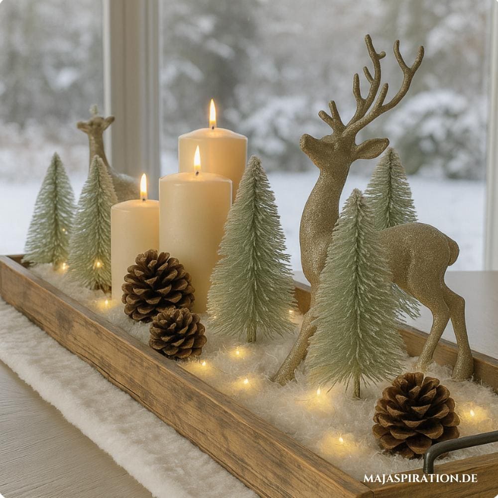 Tischdeko für Weihnachten mit Schnee-Tablett