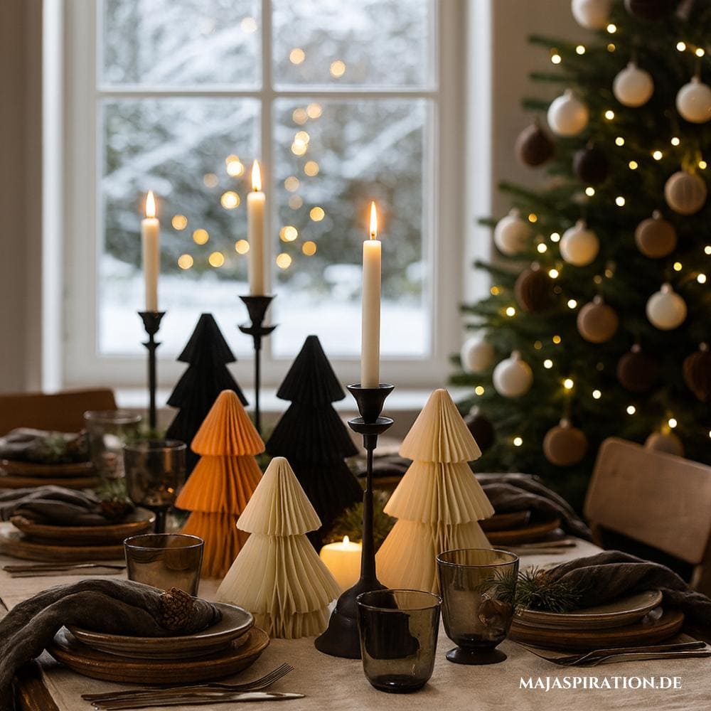 Weihnachtliche Deko Idee für den Tisch mit braunen Tannen