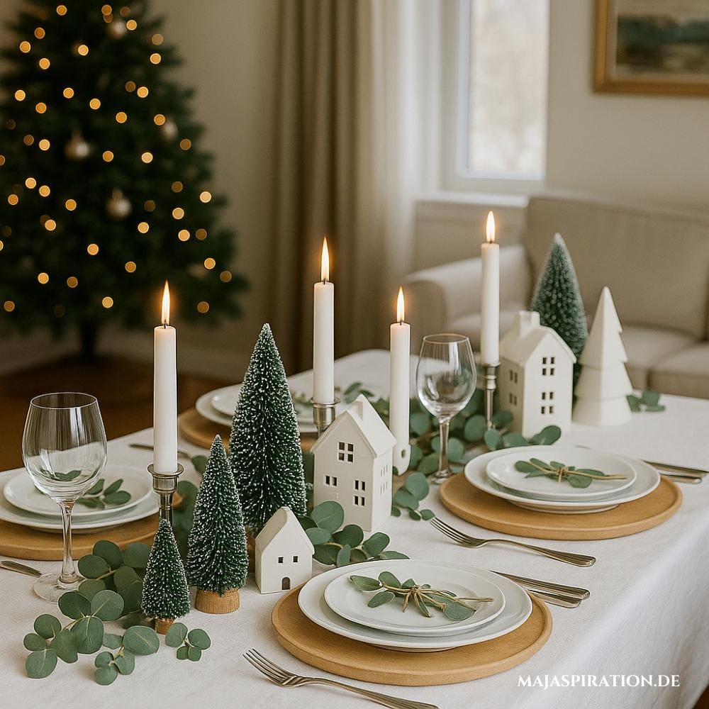 Süße Weihnachtstisch Deko mit Tannen und weißen Häuschen
