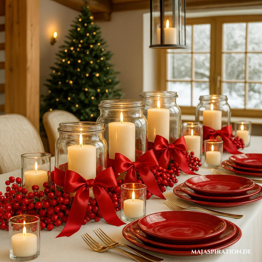 Weihnachtstischdeko mit roten Beeren und Windlichtern mit roter Schleife