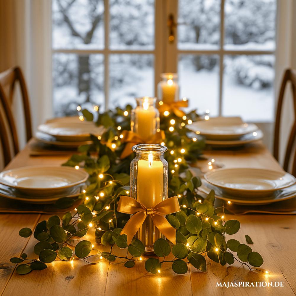 Winter Tischdeko Idee mit Lichterkette und Windlichter mit Goldschleife