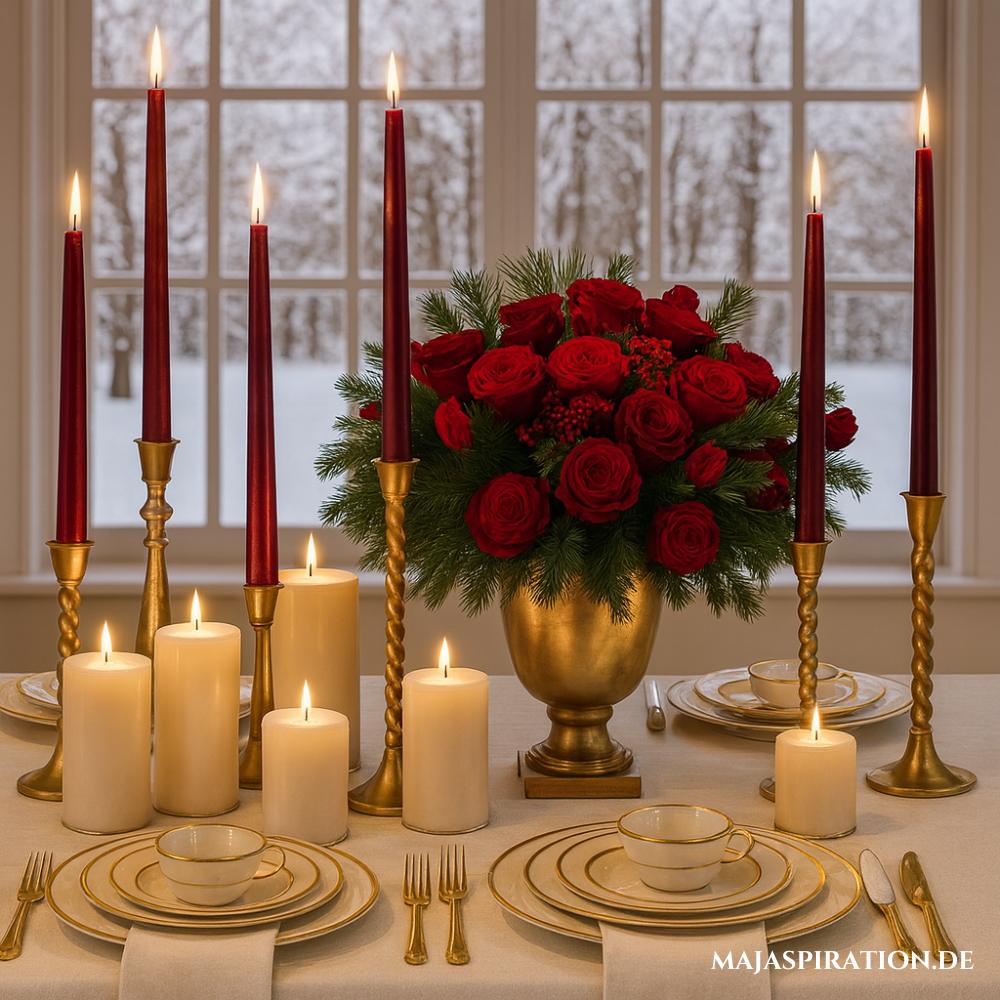 Elegante Weihnachten Tischdeko mit Gold und roten Rosen